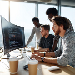 diverse team collaborating on complex code in a bright, modern office. represents teamwork, innovati
