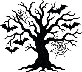 a spooky tree with gnarled branches, adorned with hanging bats and cobwebs. the tree stands tall and