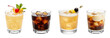 © Ars Nova - Whiskey Sour, Black Russian, Amaretto Sour, White Russian cocktail transparent PNG set bundle, isolated background. Colorful refreshing cocktails on the rocks with garnish, bar menu drinks