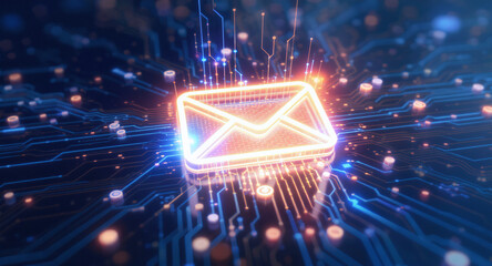 high-tech glowing envelope email interface in dark background, digital security access panel, sci-fi design
