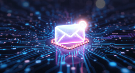 high-tech glowing envelope email interface in dark background, digital security access panel, sci-fi design