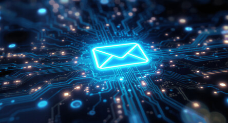 high-tech glowing envelope email interface in dark background, digital security access panel, sci-fi design