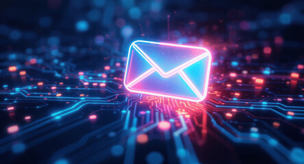 high-tech glowing envelope email interface in dark background, digital security access panel, sci-fi design