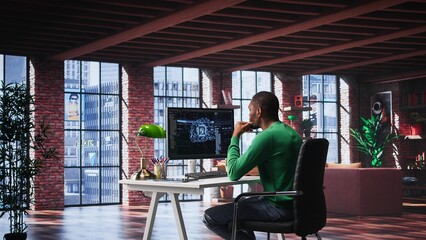 african american technician writes code on ai brain neural network for machine learning, doing maint