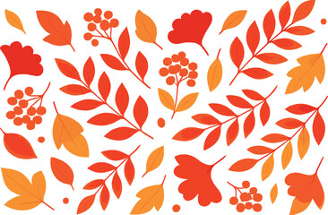 An assortment of red and orange leaves, including ginkgo and ash varieties, arranged in a flowing pattern across the image. The leaves are