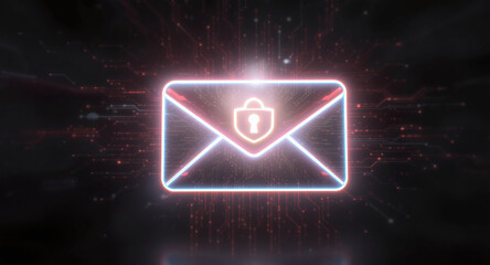 high-tech glowing envelope email interface in dark background, digital security access panel, sci-fi design