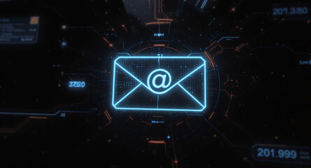 high-tech glowing envelope email interface in dark background, digital security access panel, sci-fi design