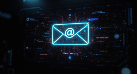high-tech glowing envelope email interface in dark background, digital security access panel, sci-fi design