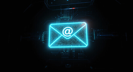high-tech glowing envelope email interface in dark background, digital security access panel, sci-fi design