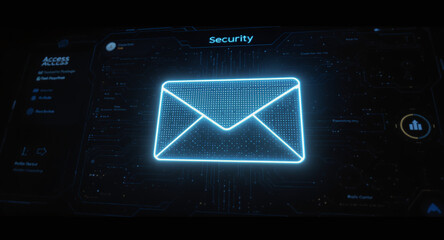high-tech glowing envelope email interface in dark background, digital security access panel, sci-fi design