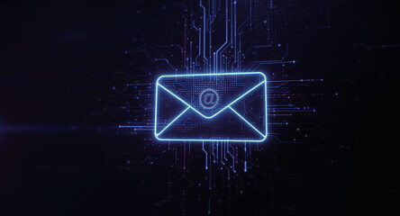 high-tech glowing envelope email interface in dark background, digital security access panel, sci-fi design