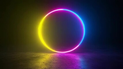 Wall Mural - A glowing circle of neon colors. The circle is yellow and blue. The circle is in the middle of the