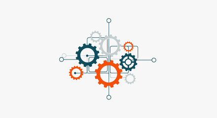 Illustration of interconnected gears in orange, blue, and gray, linked by lines, on a white background, representing a system or mechanism.