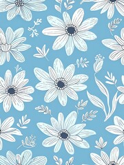 Wall Mural - elegant blue floral pattern: a seamless design of delicate white flowers and leaves