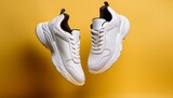 a mockup white shoes floating in mid air on light yellow colored background