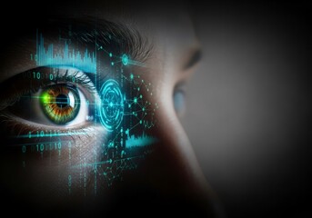 Wall Mural - Woman's eye with digital data overlay. Biometric identification for cyber security. Future technology and data protection concept.
