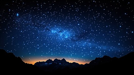 Night sky with stars and milky way over dark mountain range silhouette.