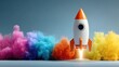 © michael - Cartoon rocket launching with colorful smoke against a blue background.