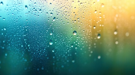 Water droplets on a surface with a gradient of blue green and yellow.