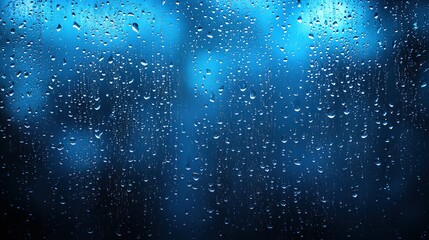 Water droplets on a surface with a blurred blue background.