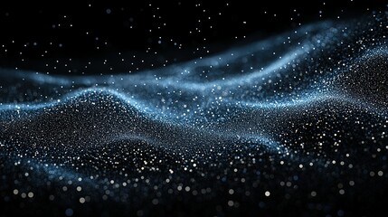 Wall Mural - Abstract blue wave pattern with sparkling particles on a black background.