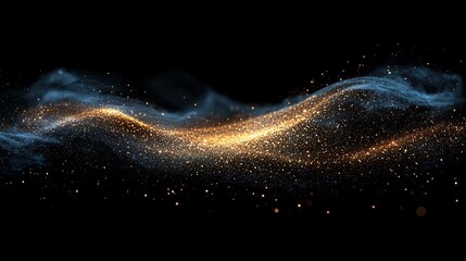Wall Mural - Abstract flowing wave of golden and blue light particles on a black background.