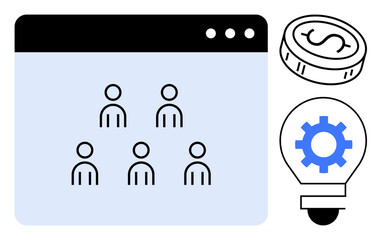 Webpage interface showing team hierarchy icons, dollar coin, lightbulb with gear inside. Ideal for teamwork, finance, innovation, tech solutions, planning leadership startup. Simple flat metaphor