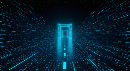 Digital tunnel with binary code and glowing blue arches