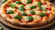 © Bricio - A delicious margherita pizza with fresh basil leaves on a wooden board ready to be served and enjoyed