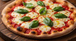 © Bricio - A close up shot of a margherita pizza on a wooden board with basil leaves and melted mozzarella cheese