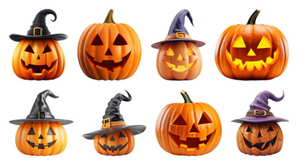 Wall Mural - png halloween pumpkins with witch hats, element set on transparent background