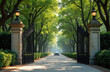 © Vadym - Elegant wrought iron gates welcome visitors to grand estate with tree-lined driveway. Entrance features ornate pillars with classic lamps, leading to modern estate. Green landscaping enhances sense