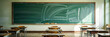 © peppystudio - School desks with notebooks in an empty classroom and free space on the board, concept of education, banner