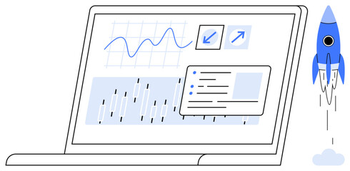 Wall Mural - Laptop screen with charts, graphs, and data visuals next to a launching rocket. Ideal for analytics, tech, business growth, startup success, innovation productivity digital progress. Simple flat