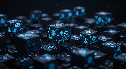 Tech Cubes: A captivating array of tech cubes, each adorned with a minimalist, icon, set against a deep, evocative backdrop. This image speaks volumes about innovation and cutting-edge technology.