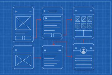 Blue grid blueprint of mobile application user interface wireframe, showcasing a user flow between multiple app screens for a ux design project