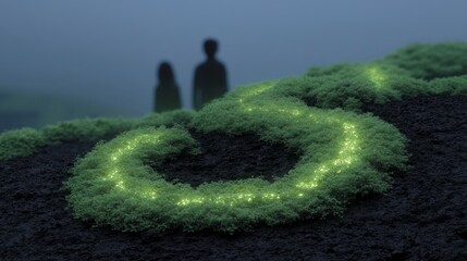 Wall Mural - Two silhouetted figures observe a mossy landscape with glowing organic patterns at dusk