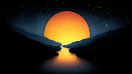 Wall Mural - A large orange sun sets behind dark layered mountains reflecting on a calm river under a starry night sky