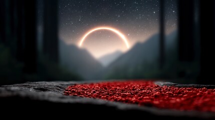 Wall Mural - Ring of light above blurred mountains at night with textured ground and red elements