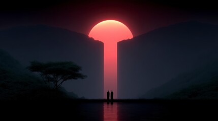 Wall Mural - Two figures silhouetted against a surreal glowing red sunrise between dark mountains over a reflective body of water