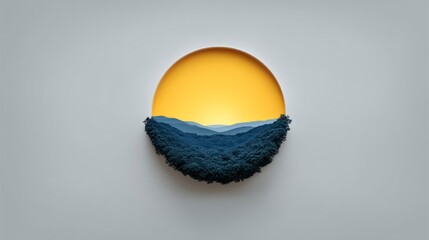Wall Mural - Circular scene of layered blue mountains and forest under a bright yellow sky