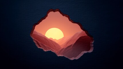 Wall Mural - Sun setting over rugged textured mountains viewed through a torn opening