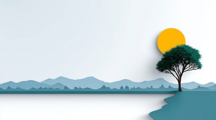 Wall Mural - Stylized landscape with a lone tree yellow sun and distant blue mountains with pagoda silhouettes