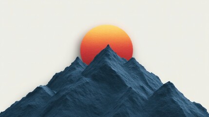 Wall Mural - Dark blue textured mountains rise toward a textured orange and yellow sunset circle against a cream background