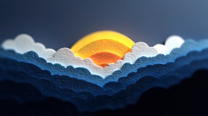 Wall Mural - Layered paper cutout of a sun rising through blue and white clouds against a dark background