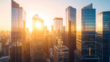 Stunning urban landscape of a modern metropolis with towering financial district buildings glowing at sunrise or sunset.