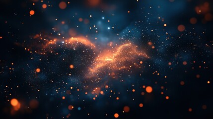 Abstract cosmic nebula with orange and blue hues against a dark background.
