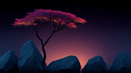 Wall Mural - Minimalist landscape with glowing pink tree and large rocks at twilight