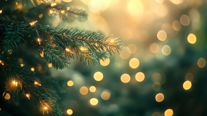 Wall Mural - close-up of a pine branch with warm lights, captured at an upward angle. the bokeh effect creates a 