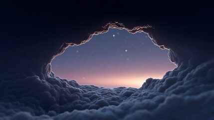 Wall Mural - Dark swirling clouds form a natural archway revealing a pastel twilight sky with stars